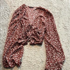 Red Bishop Sleeve Blouse with Tie Front and Ruffled Details